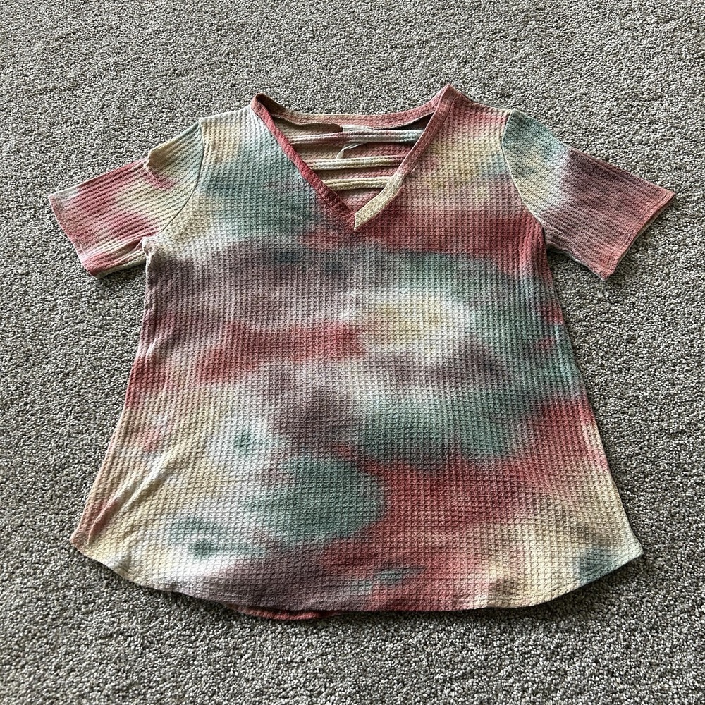 BiBi Shirt Womens M Multicolor Tie Dye Waffle Knit V Neck Strap Short Sleeve Top